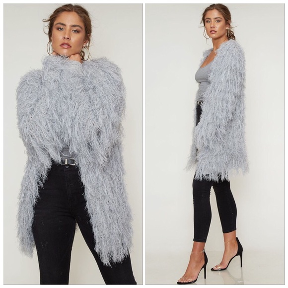 The Denim Bar Jackets & Blazers - Boho Grey Longline Shaggy Faux Mongolian Fur Fringe Cardigan Jacket Blogger Fav